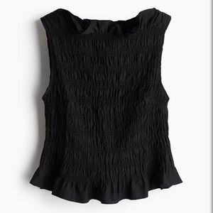 H&M Smocked Woven Peplum Tank Top Black Size Large Sleeveless Boat Neck NWT